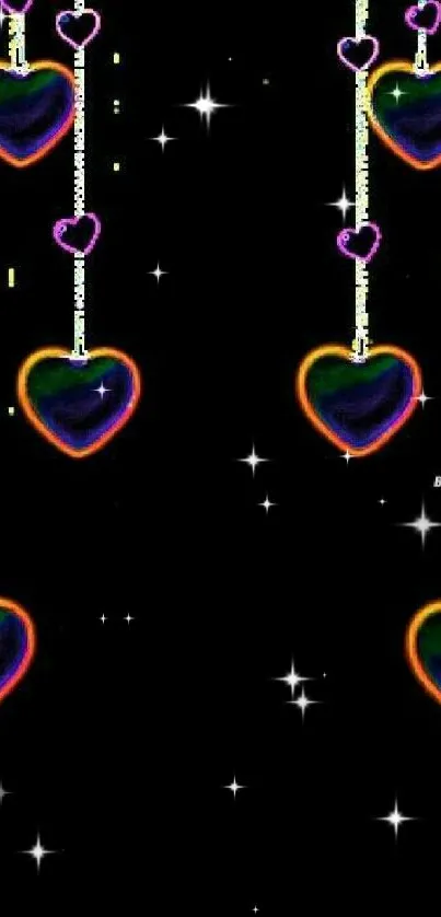 Colorful neon heart strings on black wallpaper.