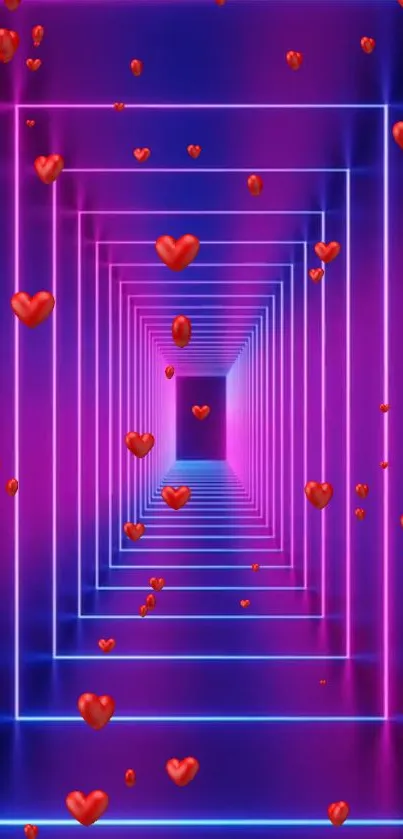 Neon tunnel with floating red hearts and vibrant colors.