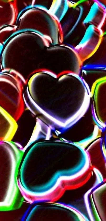 Neon hearts glowing in vibrant colors.