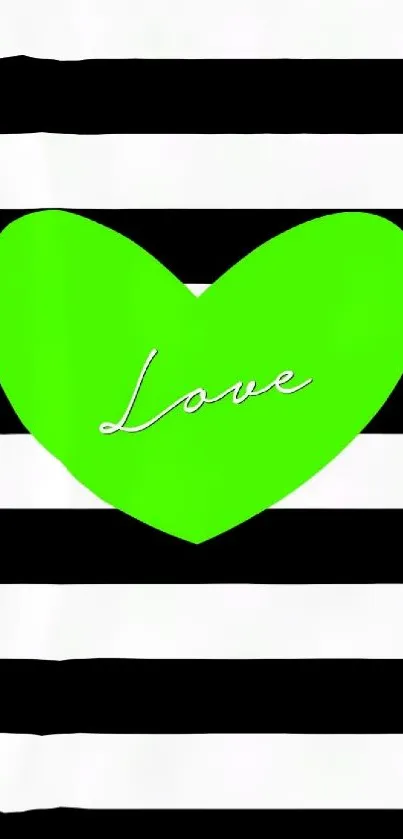 Neon green heart with 'Love' over black and white stripes.