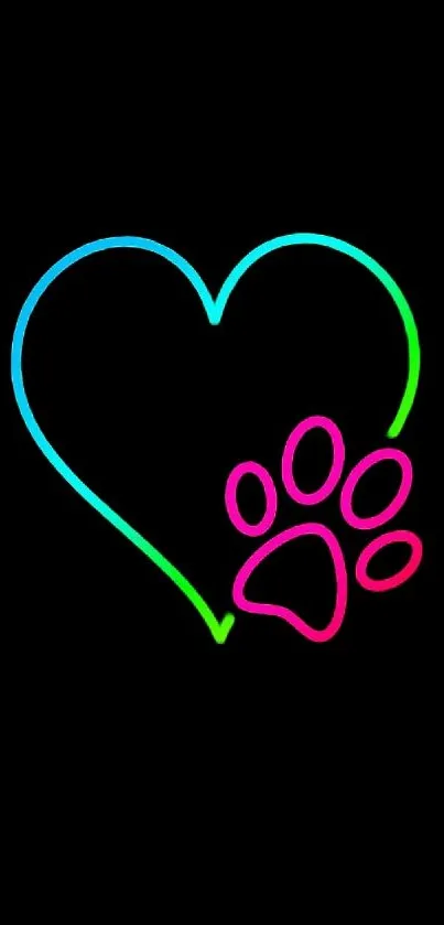 Neon heart with a paw print on black background.