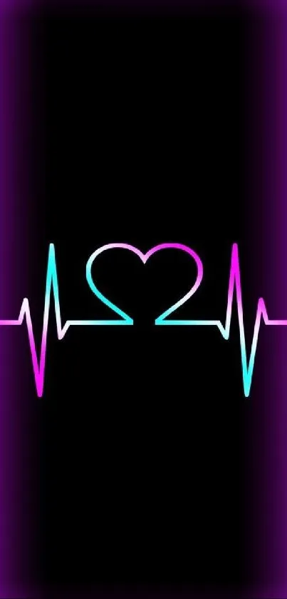 Neon heart with pulse line on black background.