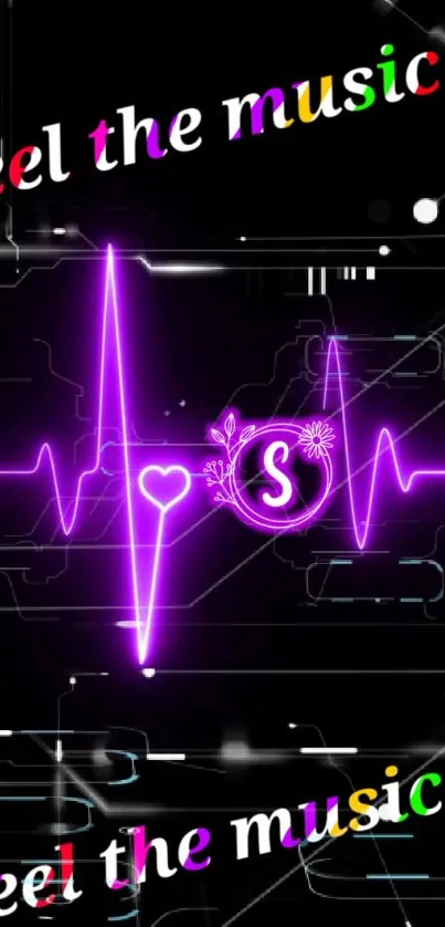 Purple neon heartbeat music wallpaper with a techno design vibe.