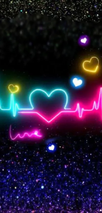 Neon heartbeat and heart design mobile wallpaper.