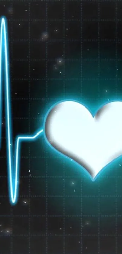 Neon heart and pulse line wallpaper in blue glow on dark background.