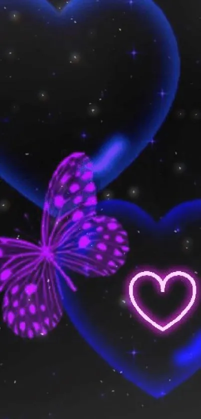 Neon blue hearts and pink butterfly on a black background wallpaper.