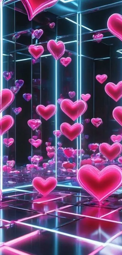 Neon pink hearts in a mirrored 3D space wallpaper.