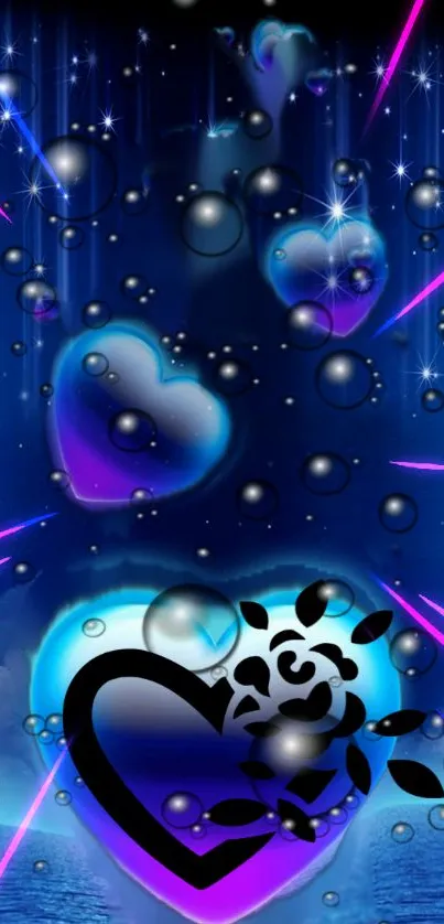 Neon hearts and bubbles with dark blue background wallpaper.