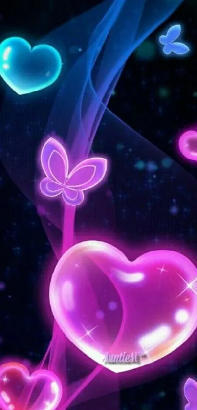 Neon hearts and butterflies glowing in vibrant colors on a dark background.