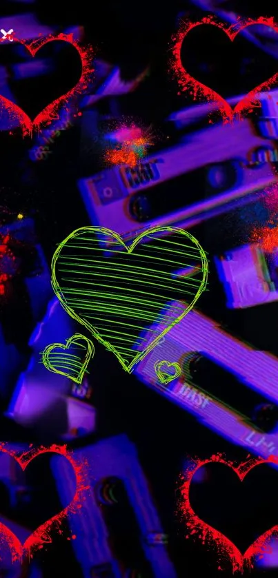 Neon hearts over vintage cassette tapes in a vibrant wallpaper design.