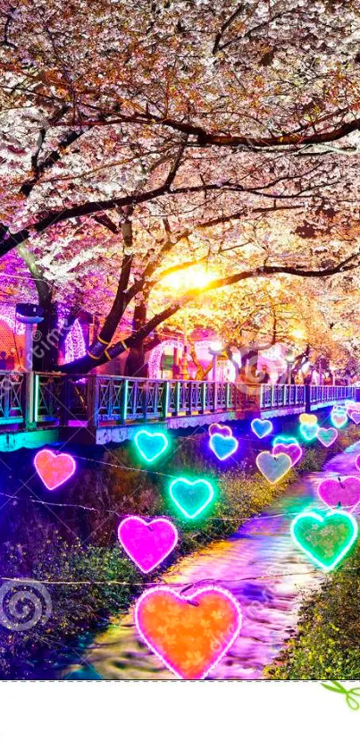 Neon hearts illuminate a cherry blossom path with vibrant colors.