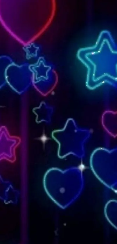 Neon hearts and stars on dark blue background wallpaper.