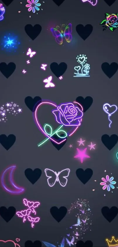 Neon-themed wallpaper with hearts, butterflies, and roses on a dark background.