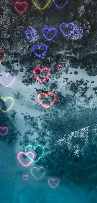 Neon hearts overlay on a serene aerial beach view wallpaper.