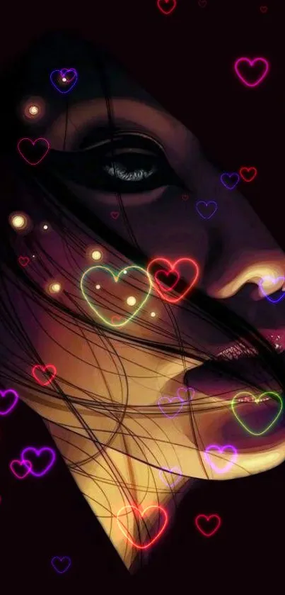 Mysterious woman with neon hearts in dark-themed wallpaper.