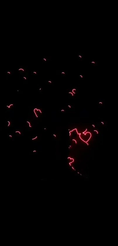 Red neon hearts illuminate a dark wallpaper background.