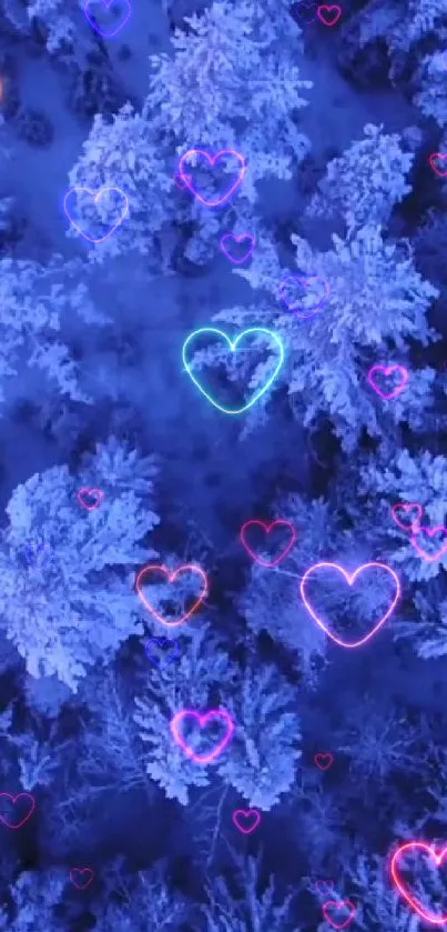 Blue forest with neon heart shapes among snowy trees.