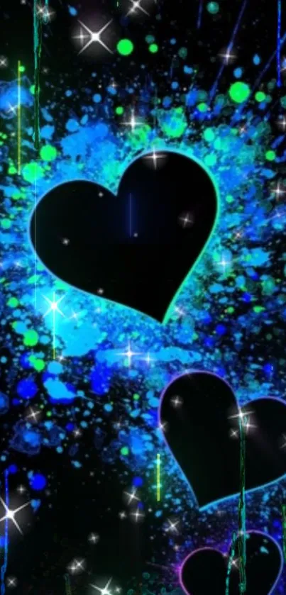 Neon blue and green heart galaxy wallpaper with sparkling effects.