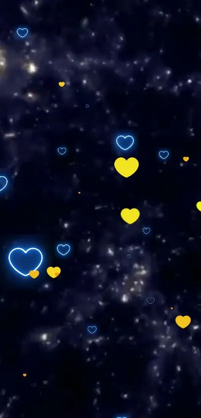 Blue and yellow neon hearts in a starry night sky wallpaper.