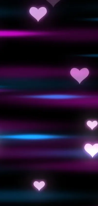 Vibrant neon hearts wallpaper with glowing pink and blue on a dark background.