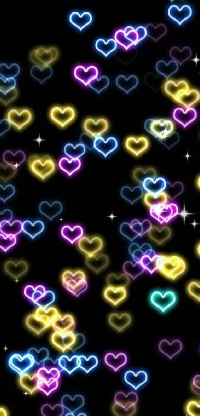 Colorful neon hearts on a black background for mobile wallpaper.