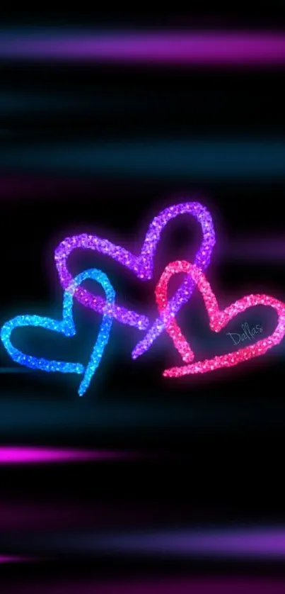 Colorful neon hearts on black background wallpaper.