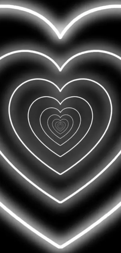 Glowing neon heart pattern on a black background for mobile wallpaper.