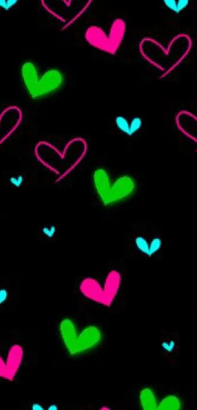 Vibrant neon hearts pattern on a dark mobile wallpaper.