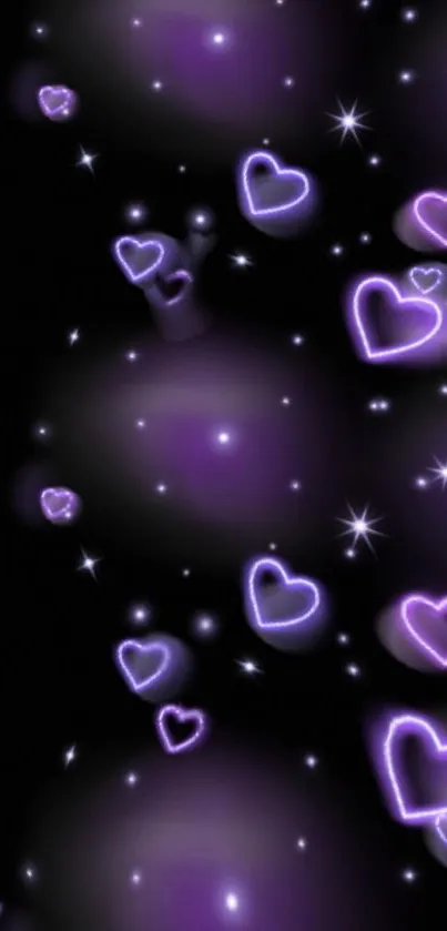 Neon purple hearts on a dark background mobile wallpaper.