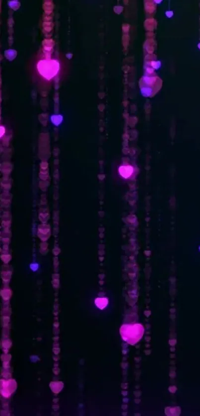 Mobile wallpaper with cascading neon pink and purple hearts on a dark background.