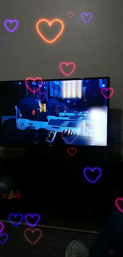 Mobile wallpaper with neon hearts around a TV screen showing animation.