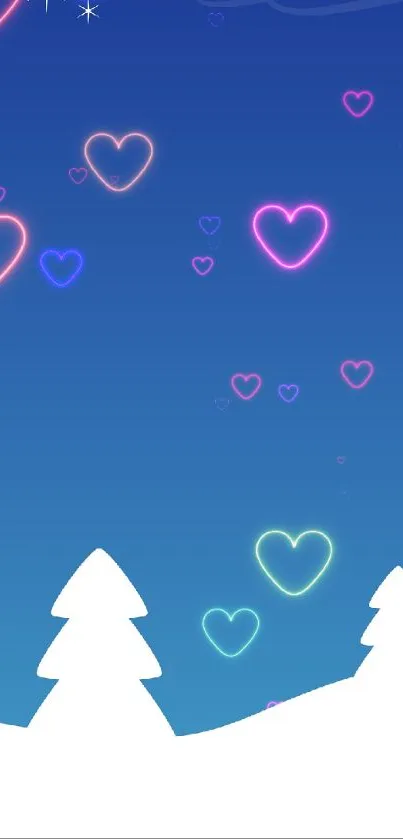Neon hearts floating over a blue winter forest scene.