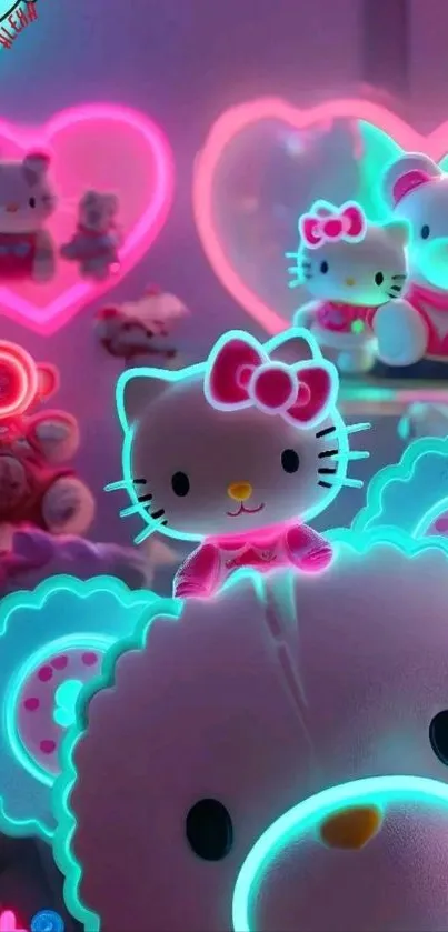 Neon-themed Hello Kitty wallpaper with plush toys and heart shapes.