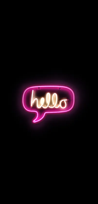 Neon hello speech bubble on black background wallpaper.