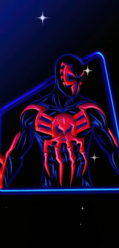 Neon superhero artwork in blue and red on black background.