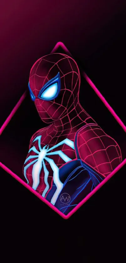 Neon superhero artwork with glowing web design.