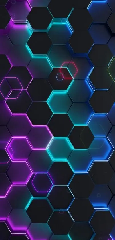 Vibrant neon hexagon wallpaper in purple, blue, and teal hues.