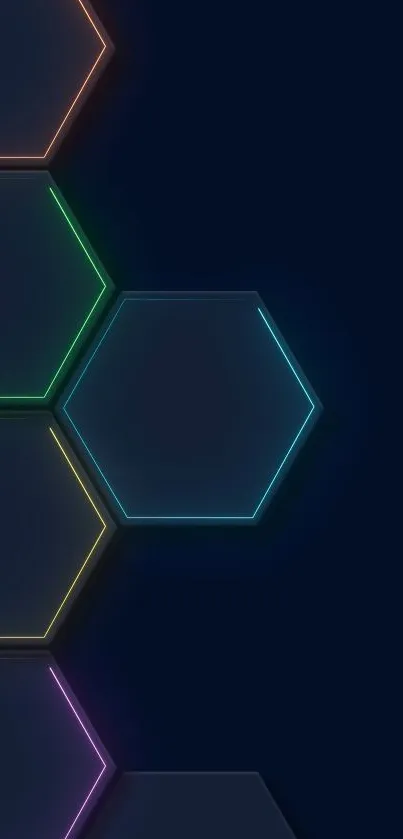 Colorful neon hexagon shapes on a dark blue background mobile wallpaper.