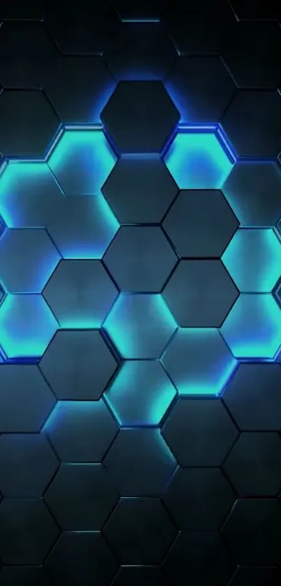 Vibrant neon hexagon design with a glowing blue pattern.