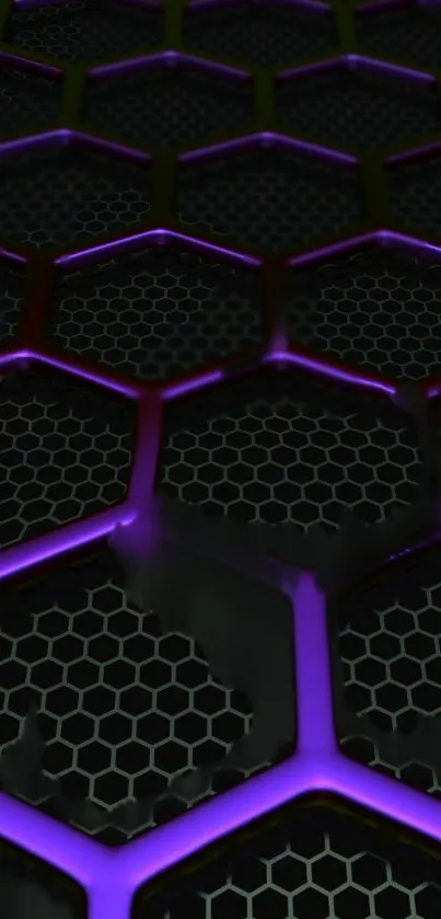 3D neon hexagon pattern with purple glow on mobile wallpaper.