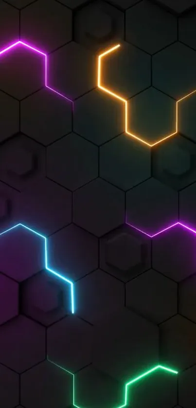 Abstract neon hexagon wallpaper with vibrant colors and a tech-inspired design.