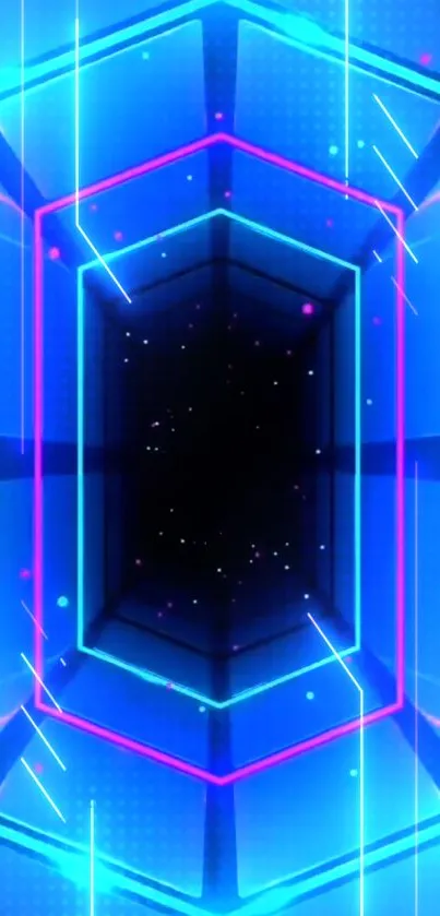 Bright neon hexagon tunnel with blue and pink hues on a mobile wallpaper.