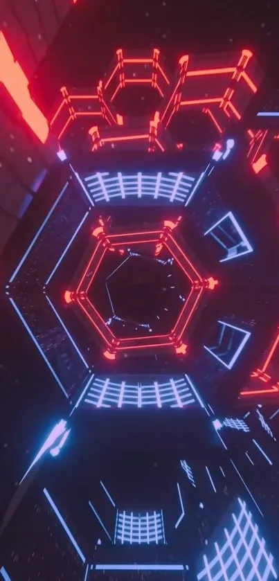 Neon hexagonal abstract in red and blue tones with a futuristic theme.