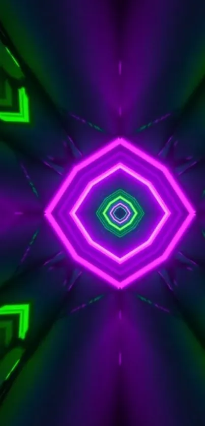 Neon hexagonal pattern wallpaper with vivid purple and green colors.