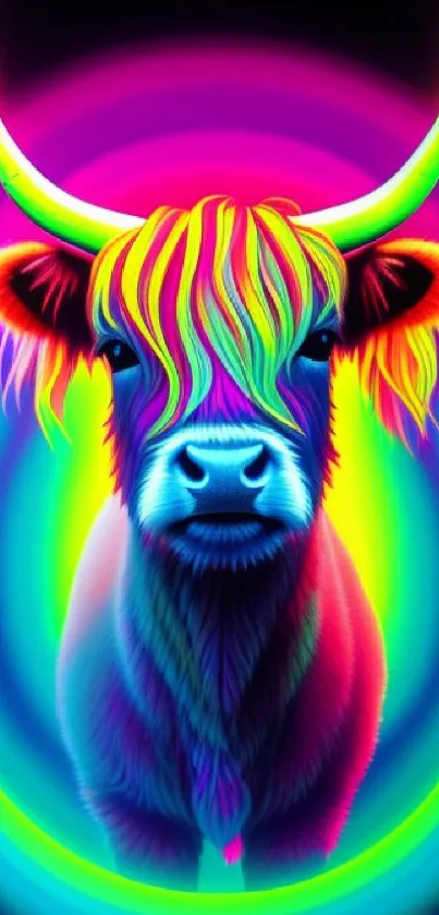 Colorful neon highland cow art with psychedelic hues.