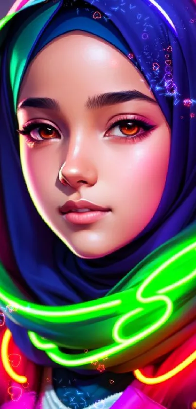 Digital artwork of a woman in neon hijab with headphones.