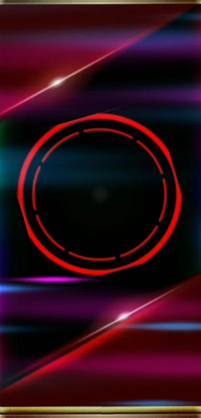 Neon wallpaper with red circle and colorful streaks on black background.