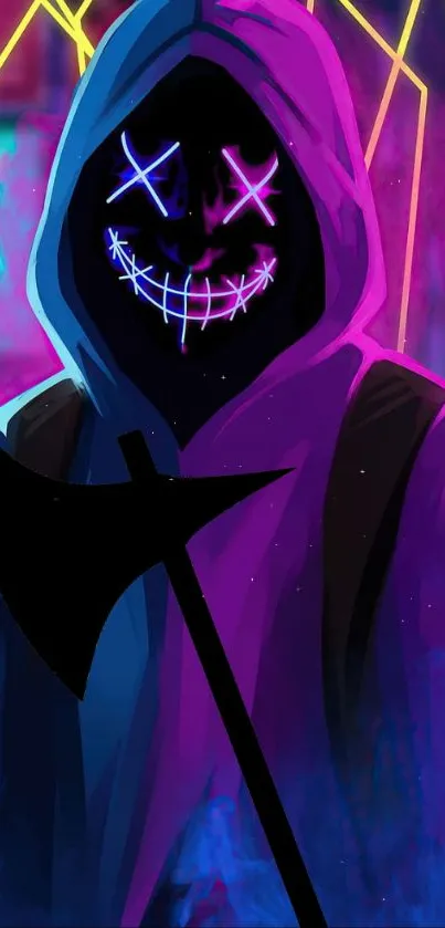 Neon hooded figure in cyberpunk style art, glowing in vibrant colors.