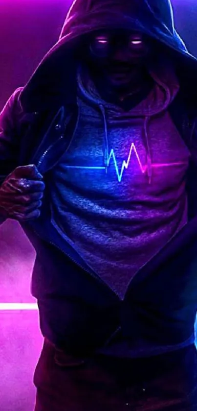 Neon hooded figure with purple glow in cyberpunk style.