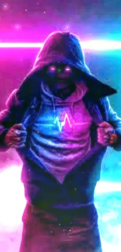 Neon hooded figure with glowing pulse on mobile wallpaper.